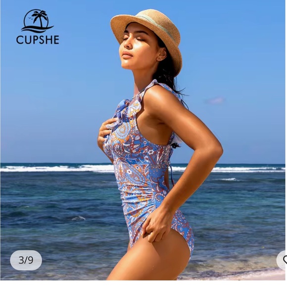 Plunging V-Neck Paisley Printed Ruffle One Piece Swimsuit - Picture 4 of 6